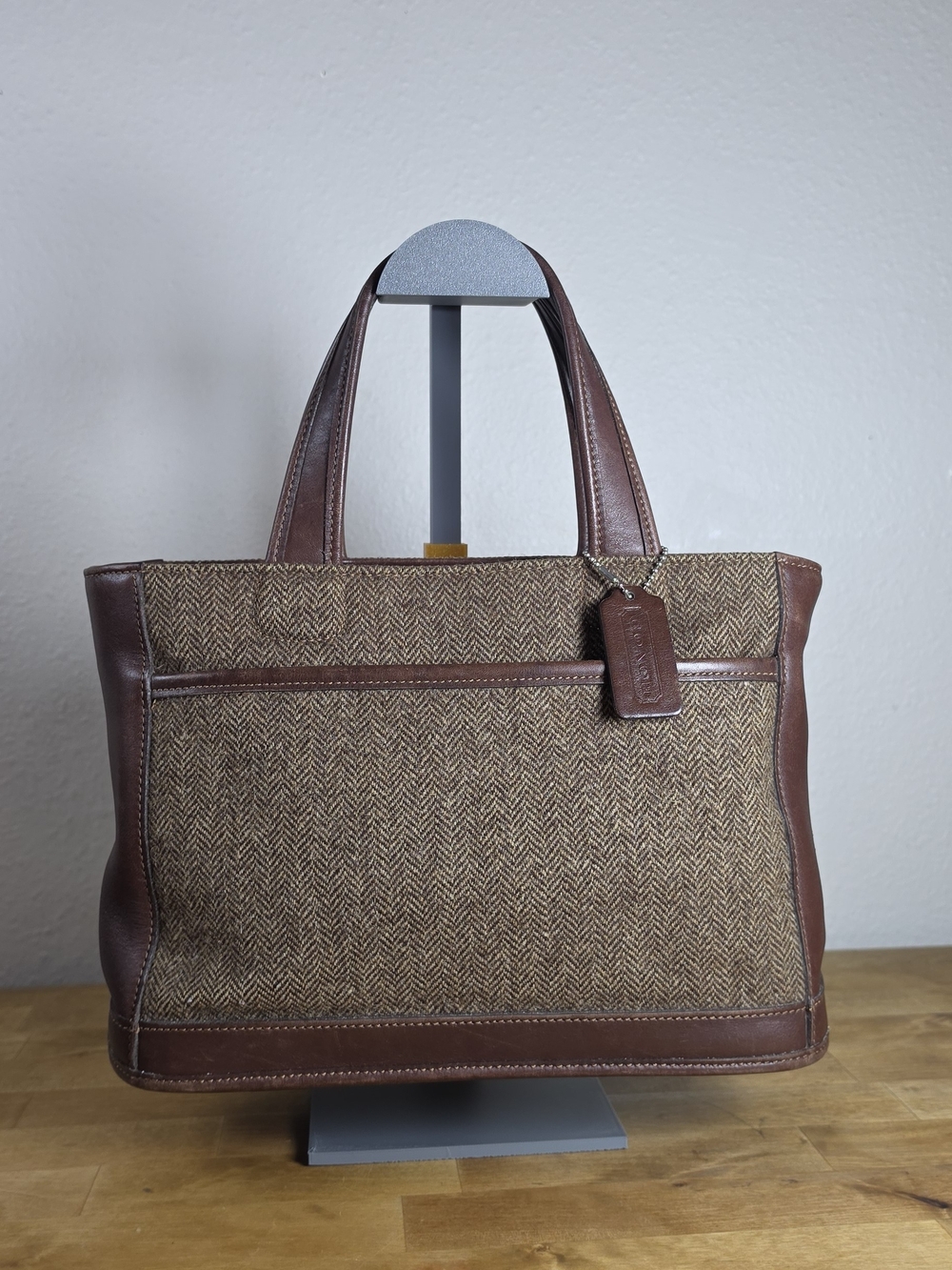 Leather-Trim Brown Herringbone Tote Bag